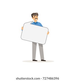 Businessman character with empty message board, speech bubble vector Illustration