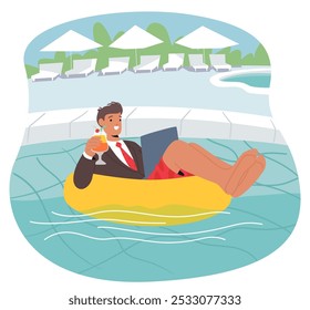 Businessman Character Enjoys Remote Work By The Pool While Relaxing On Inflatable Ring With A Drink In Hand Floating in the Swimming Pool Dressed in Suit and Shorts. Cartoon People Vector Illustration