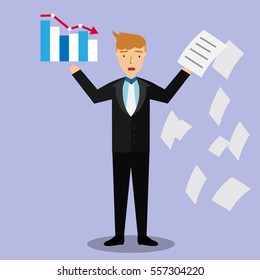 Businessman character , fail concept , chart going down , throws paper