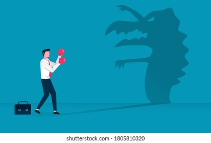 Businessman character fighting against scary shadow vector illustration. 