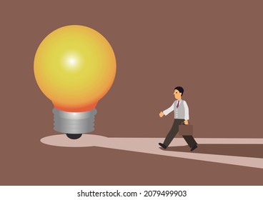 Businessman character finding answer walking to huge light bulb. Businessman search creative idea. Cartoon Vector Illustration