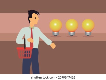 Businessman character finding answers, selecting light bulbs. Businessman search for creative idea. Cartoon Vector Illustration.
