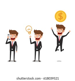 Businessman character flat design. Businessman in elegant office clothes with a various poses, talking on phone, pointing up, and jumping. Cartoon Vector Illustration.