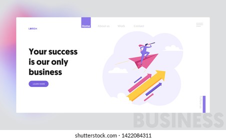 Businessman Character Flying on Paper Plane with Big Arrow Financial Symbol. Leadership, Goal Achievement, Business Vision Concept. Woman Leader, Winner. Vector flat illustration