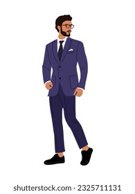 Businessman character in formal or black tie outfit. Stylish handsome bearded guy wearing formal suit and glasses. Hand drawn vector realistic illustration isolated on white background.