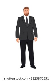 Businessman character in formal or black tie outfit. Big handsome bearded guy wearing formal suit. Overweight male character vector realistic illustration isolated on transparent background.