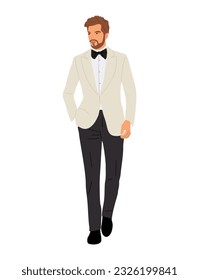 Businessman character in formal or black tie outfit. Groom wearing tuxedo. Handsome male character vector realistic illustration isolated on white background.