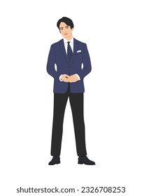 Carácter de hombre de negocios con traje de corbata formal o negro. Elegante y guapo tipo asiático con traje formal y corbata. Ilustración realista de vector dibujado a mano aislada en fondo blanco.