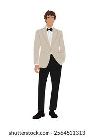 Businessman character in formal or black tie outfit. Stylish handsome guy wearing beige tuxedo for formal event, wedding, celebration. Vector realistic illustration isolated on white background.