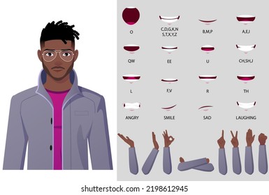 Carácter de hombre de negocios en la animación formal cara de abrigo animación sincro labial y gestos de mano y emociones premium Vector