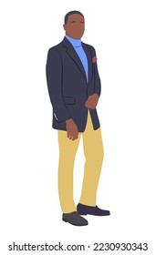Businessman character in formal outfit - dark blue blazer and yellow trousers. Stylish handsome black guy standing side view. Hand drawn vector realistic illustrations isolated on white background.