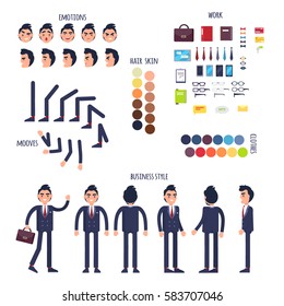 Businessman character generator with emotions, moves, work attributes, hair, skin and clothes colors. Man in business suit standing in different poses and angles isolated flat vector illustrations 