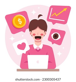 Personaje de negocios recibe impresiones de percepción y tráfico en ilustración de medios sociales