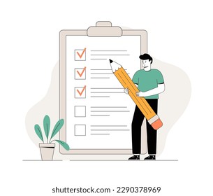 Businessman character with a giant pencil marked checklist on a clipboard paper. Man fill out checkbox. Concept to do list, done job. Successful completion tasks. Flat vector illustration.