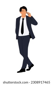 Businessman character. Handsome young business man wearing formal suit walking and talking by phone. Vector realistic illustration isolated on white background