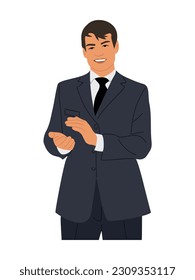 Carácter de hombre de negocios. Un coqueto joven empresario con traje formal que aplaude y sonríe. Ilustración vectorial realista aislada en fondo blanco