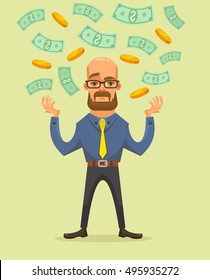 Businessman character have a lot of money. Vector flat cartoon illustration