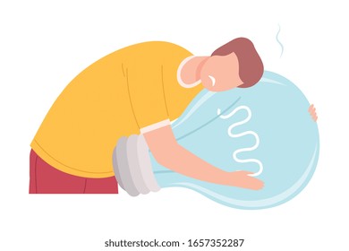 Businessman Character Having No Idea, Depressed Unsuccessful Person Feeling Stress, Hugging Big Light Bulb Vector Illustration