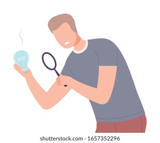 Businessman Character Having No Idea, Depressed Unsuccessful Looking at Off Light Bulb Through Magnifier Flat Vector Illustration