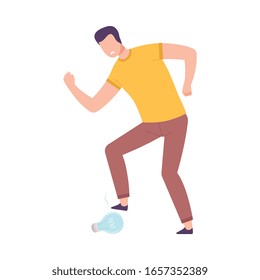 Businessman Character Having No Idea, Depressed Unsuccessful Person Treading Lightbulb Flat Vector Illustration