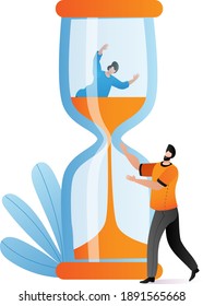 Businessman character help colleague deadline, concept time management, woman sink hourglass flat vector illustration, isolated on white. Business stress mood, final date tiny employee work together.