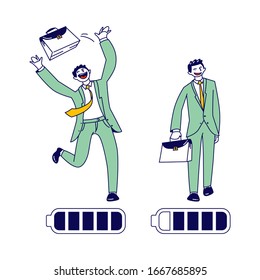 Businessman Character with High Energy Level Running and Throw Briefcase Up to Air. Battery with Full Charging Indicator. Business Challenge, Start of Working Week at Job. Linear Vector Illustration
