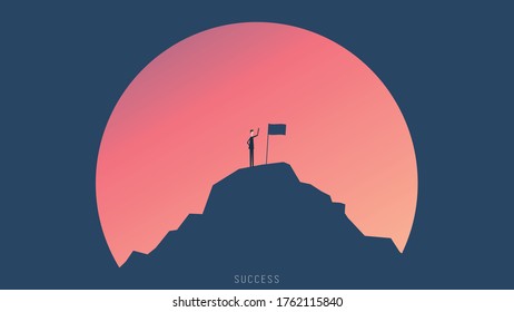 Businessman Character Hoisted  Flag on Mountain Top. Business man on Peak of Success. Leadership, Winner, Challenge Goal Achievement, Successful Manager
