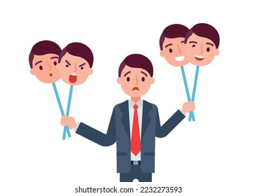 Personaje empresario sostiene máscara de emoción falsa, problema social moderno imitación sensación de ilustración vectorial plana, aislado en blanco.