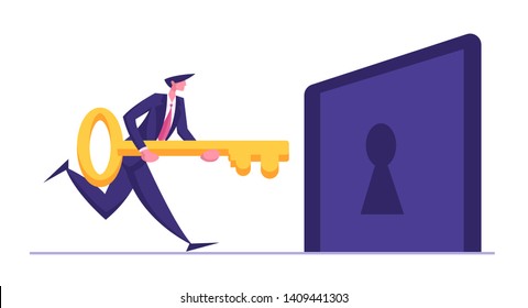 Businessman Character Holding Big Key and Try to Unlock Keyhole. Leadership, Career Growth, Business Solution Concept, Solving Problem. Vector flat illustration