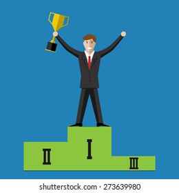 Businessman character holding golden winner cup and standing on sports victory podium. Success in business, competition concept. EPS 10 vector illustration, no transparency