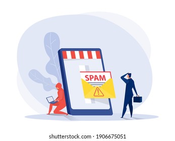 Businessman character holding his head from envelope with warning and alert notification. Spam Email vector illustrator.