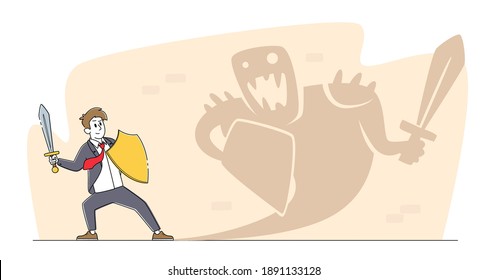 Businessman Character Holding Shield and Sword Fighting with Monster Shadow on Wall. Courageous Business Man Face Fear, Attack Danger, Challenge, Battle with Himself, Risk. Linear Vector Illustration