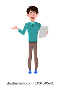 Businessman character holding a tablet and talking