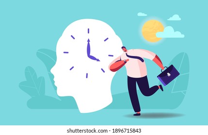 Businessman Character Hurry at Work Oversleep due to Jet Lag Change Time Zone. Hormones Disorder, Deadline and Stress, Time Management, Planning, Scheduling Work Concept. Cartoon Vector Illustration