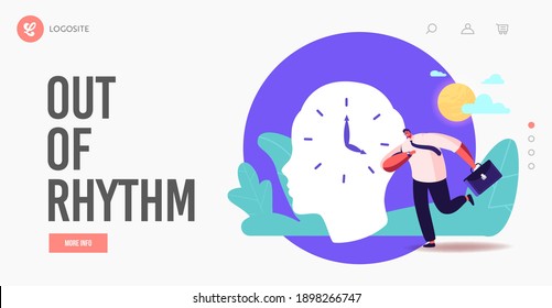 Businessman Character Hurry at Work Oversleep due to Jet Lag Landing Page Template. Hormones Disorder, Deadline and Stress, Time Management, Planning, Scheduling Work. Cartoon Vector Illustration