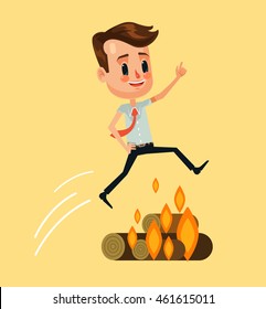 Businessman character  jumping over bonfire. Vector flat cartoon illustration