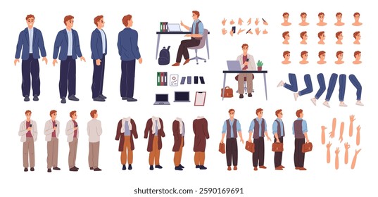 Businessman character kit. Cartoon man constructor. Office formal wear. Different gadgets and male accessories. Guy at computer desk. Various hands and feet positions