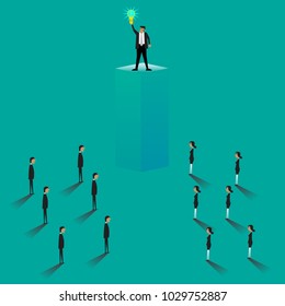 Businessman character with lightbulb . Man thinking, pointing at light bulb above head. Having a big business idea. Flat style design. Successful design concept great idea. Vector illustration