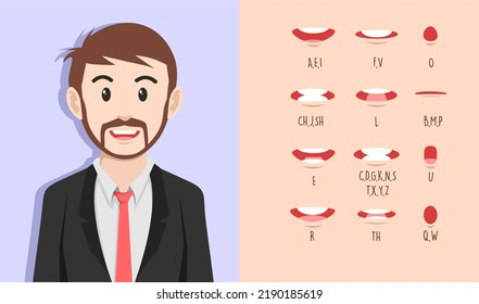 Businessman Character. Lip sync collection for animation. male mouth animation. Phoneme mouth chart. Alphabet pronunciation. Vector illustration.