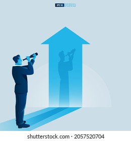 Businessman character looking through telescope seeing success vision with arrow up. Financial, Return on investment ROI chart increase profit vector illustration concept.