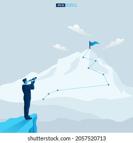 Businessman character looking through telescope on mountain seeing success vision with arrow up. Financial, Return on investment ROI chart increase profit vector illustration concept.