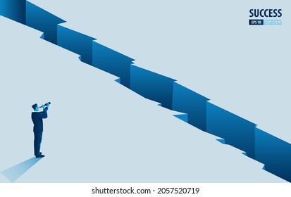 Businessman character looking through telescope seeing success vision. Financial, Return on investment ROI chart increase profit vector illustration concept.