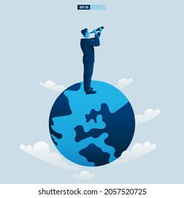 Businessman character looking through telescope seeing success vision. Financial, Return on investment ROI chart increase profit vector illustration concept.