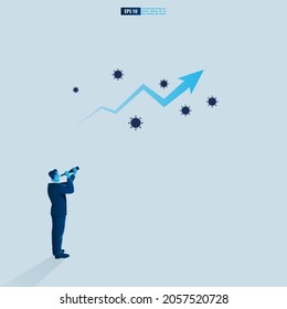 Businessman character looking through telescope seeing success vision with arrow up in pandemic case. Financial, Return on investment ROI chart increase profit vector illustration concept.