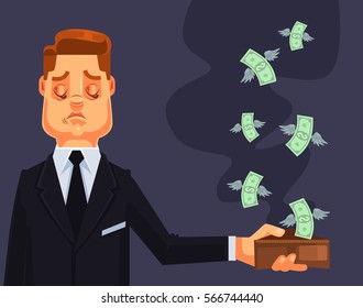 Businessman character lost money. Vector flat cartoon illustration