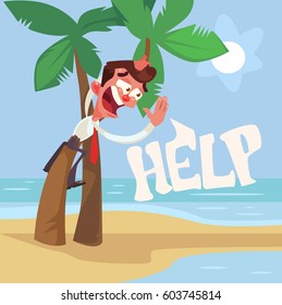 Businessman character lost on desert island. Vector flat cartoon illustration