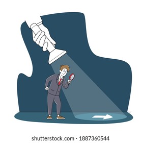 Businessman Character with Magnifying Glass Guided by Huge Hand Holding Flashlight Uncovering Arrow Sign on Floor. Goal Achievement, Choose Correct Way, Guidance Concept, Linear Vector Illustration