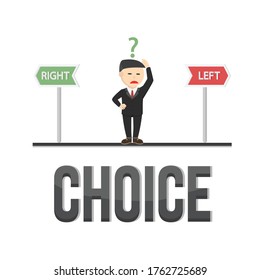 businessman character makes choice with arrow signs on white background