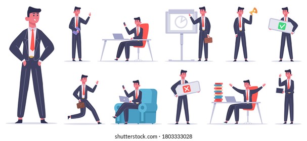 Businessman character. Male office worker, success business employee, professional finance leadership worker vector illustration icons set. Professional employee, profession executive businessman