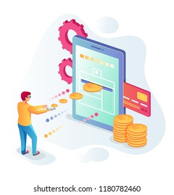 Businessman character man sending money online web site by smartphone. Modern digital technology money transaction payment transfer by internet phone e business isometry 3D view graphic design vector